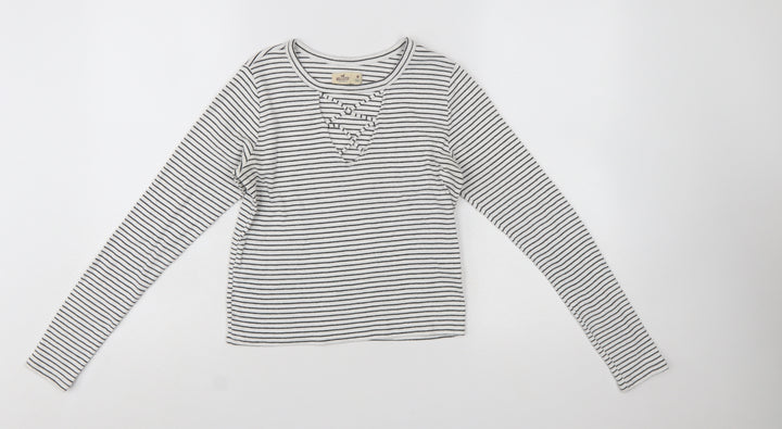 Hollister Women’s White Striped Long Sleeve Cropped T-Shirt M