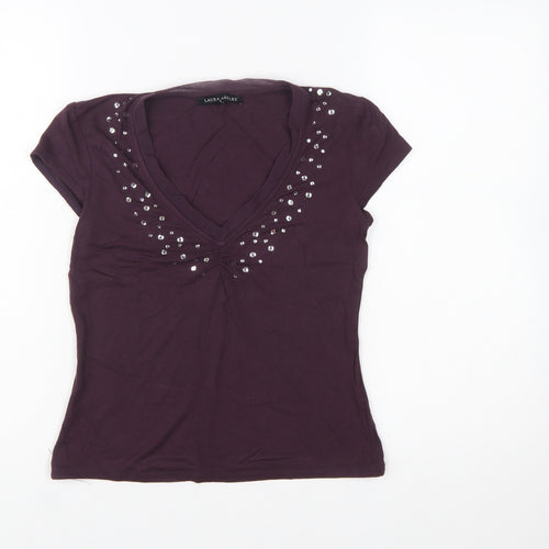 Laura Ashley Women Purple Beaded V-Neck Short Sleeve T-Shirt Size 8