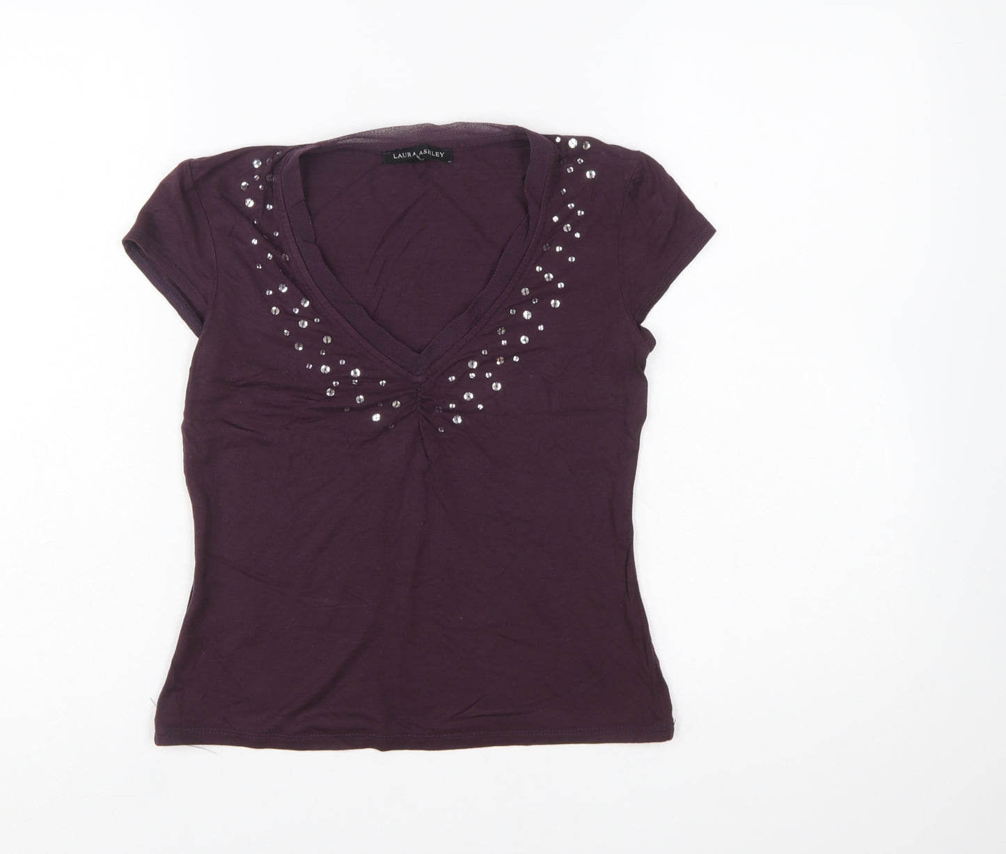 Laura Ashley Women Purple Beaded V-Neck Short Sleeve T-Shirt Size 8