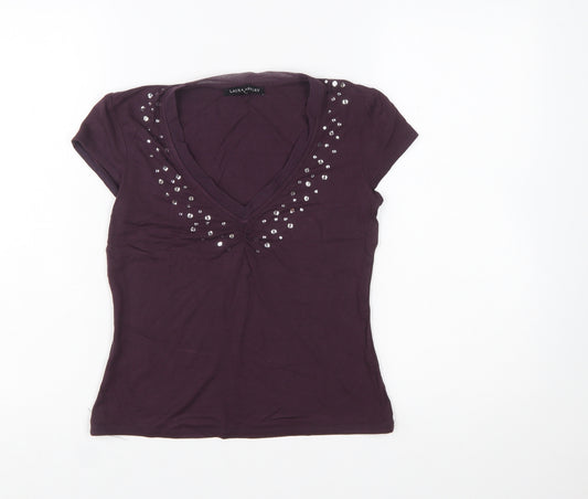 Laura Ashley Women Purple Beaded V-Neck Short Sleeve T-Shirt Size 8