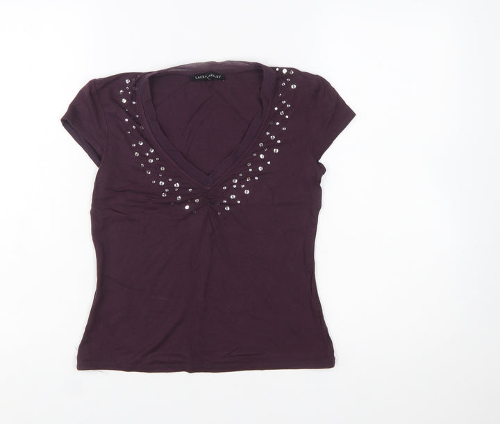 Laura Ashley Women Purple Beaded V-Neck Short Sleeve T-Shirt Size 8