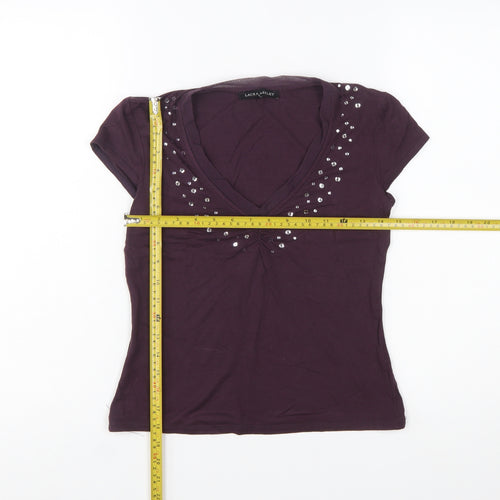 Laura Ashley Women Purple Beaded V-Neck Short Sleeve T-Shirt Size 8