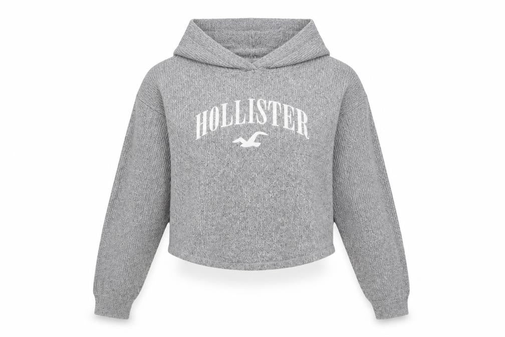 Hollister Womens Grey Long Sleeve Rib Knit Pullover Hoodie XS