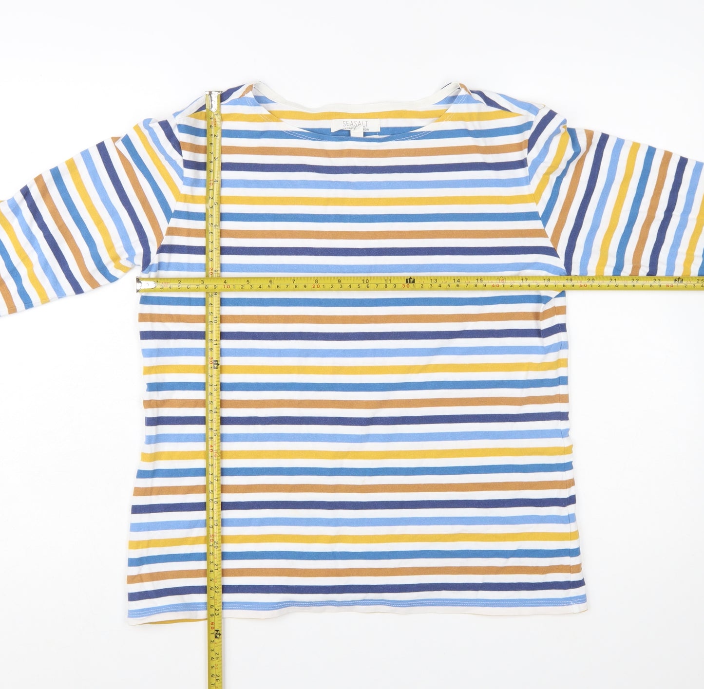 Seasalt Women’s Multicoloured Striped 3/4 Sleeve Cotton T-Shirt UK 14