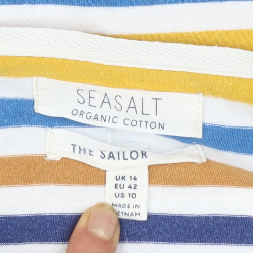 Seasalt Women’s Multicoloured Striped 3/4 Sleeve Cotton T-Shirt UK 14