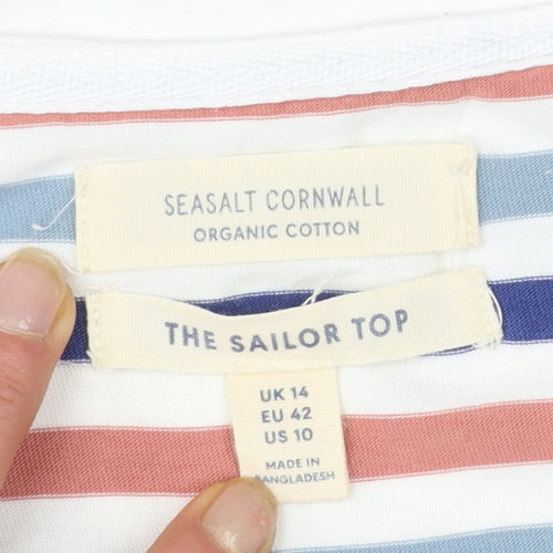 Seasalt Cornwall Womens Multicoloured Stripe Boat Neck 3/4 Sleeve Cotton Top Size 14