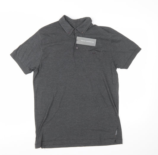 French Connection Men's Grey Button-Down Polo Shirt Size L