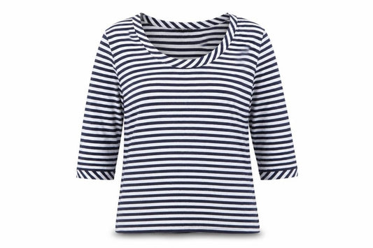 Front view of Jaeger women’s blue striped 3/4 sleeve scoop neck jersey top xl