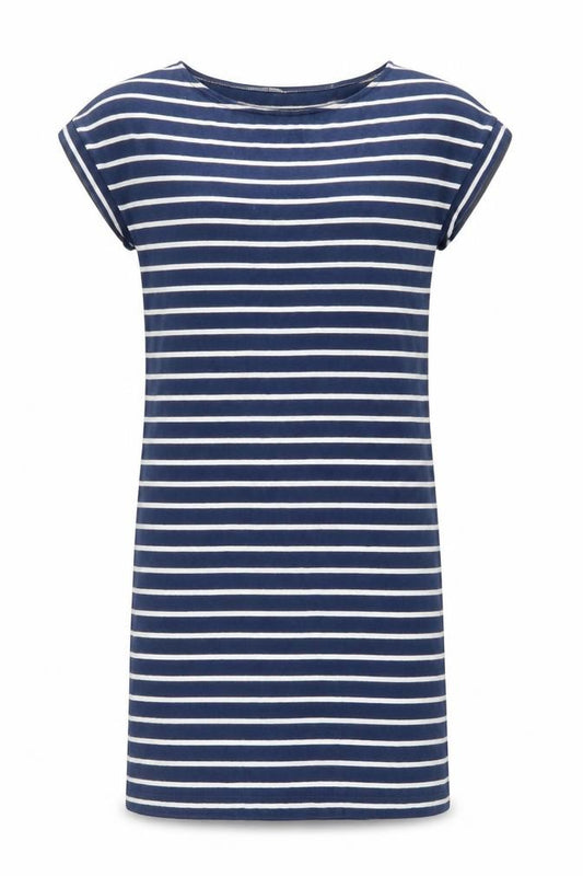 Front view of Hobbs Women Blue White Striped Cotton T-Shirt Dress, size 12