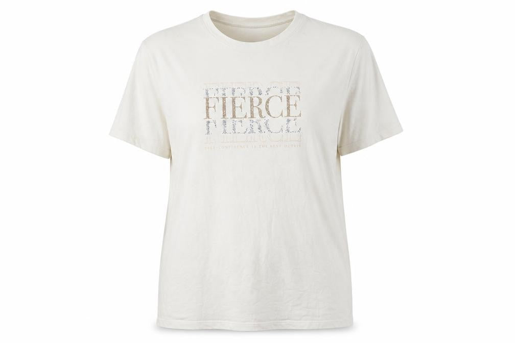 Front view of EVIMA Women's White XL Basic Cotton FIERCE Glitter T-Shirt