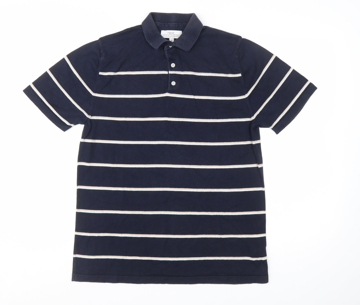 Next Men's Navy Blue Striped Polo Shirt Medium Cotton Blend