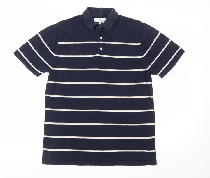 Next Men's Navy Blue Striped Polo Shirt Medium Cotton Blend