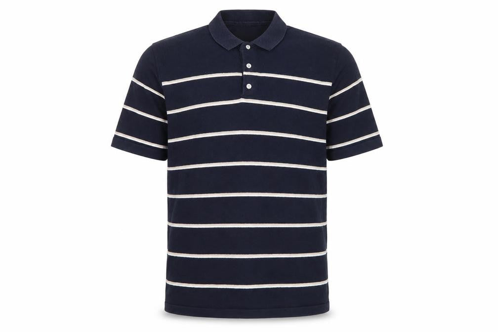 Front view of Next Men's Navy Blue Striped Polo Shirt Medium Cotton Blend