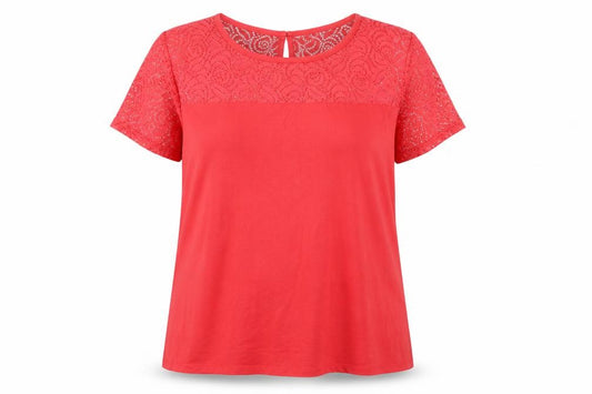Front view of The Collection Debenhams women’s red lace short sleeve tunic blouse, size UK 22