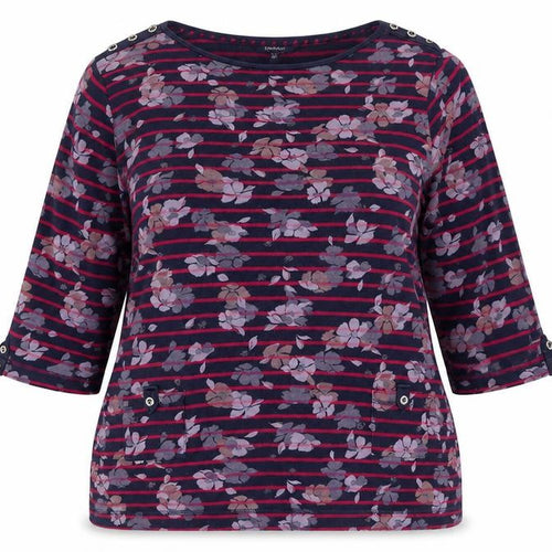 Maine New England Women's Multicoloured Floral Stripe 3/4 Sleeve Cotton Jersey T-Shirt Size 20