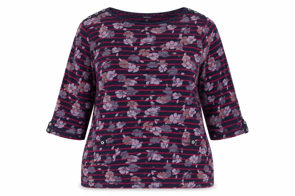 Maine New England Women's Multicoloured Floral Stripe 3/4 Sleeve Cotton Jersey T-Shirt Size 20