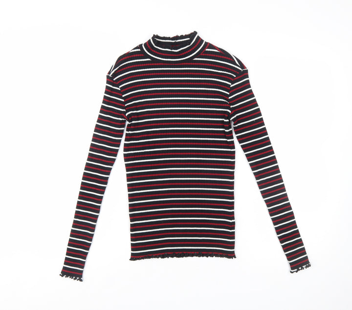 Warehouse Women's Multicoloured Striped Mock Neck Slim Fit Jersey Long Sleeve Top Size 10