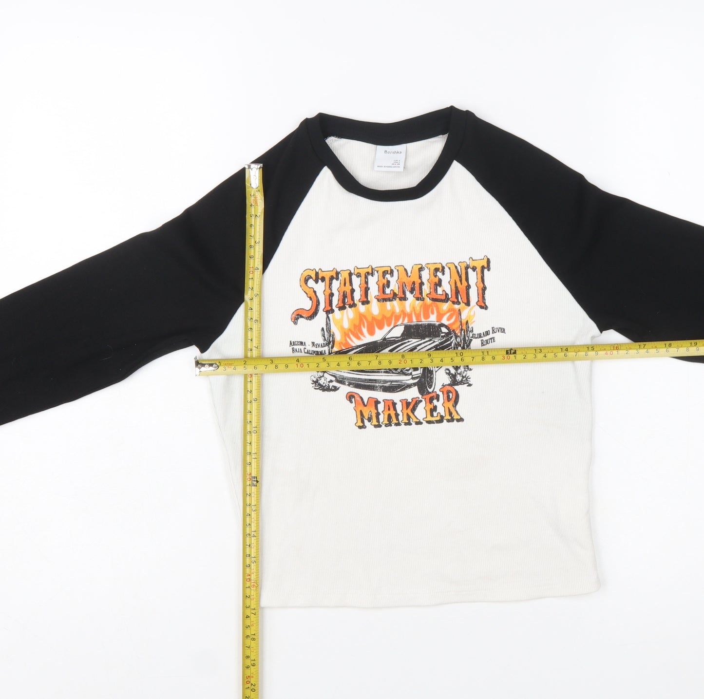 Bershka Womens Multicoloured Cropped Long Sleeve Graphic T-Shirt L