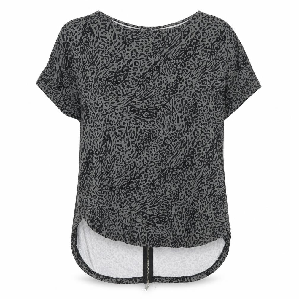 Apricot Women's Grey Animal Print Short Sleeve Zip Back Top Size 14
