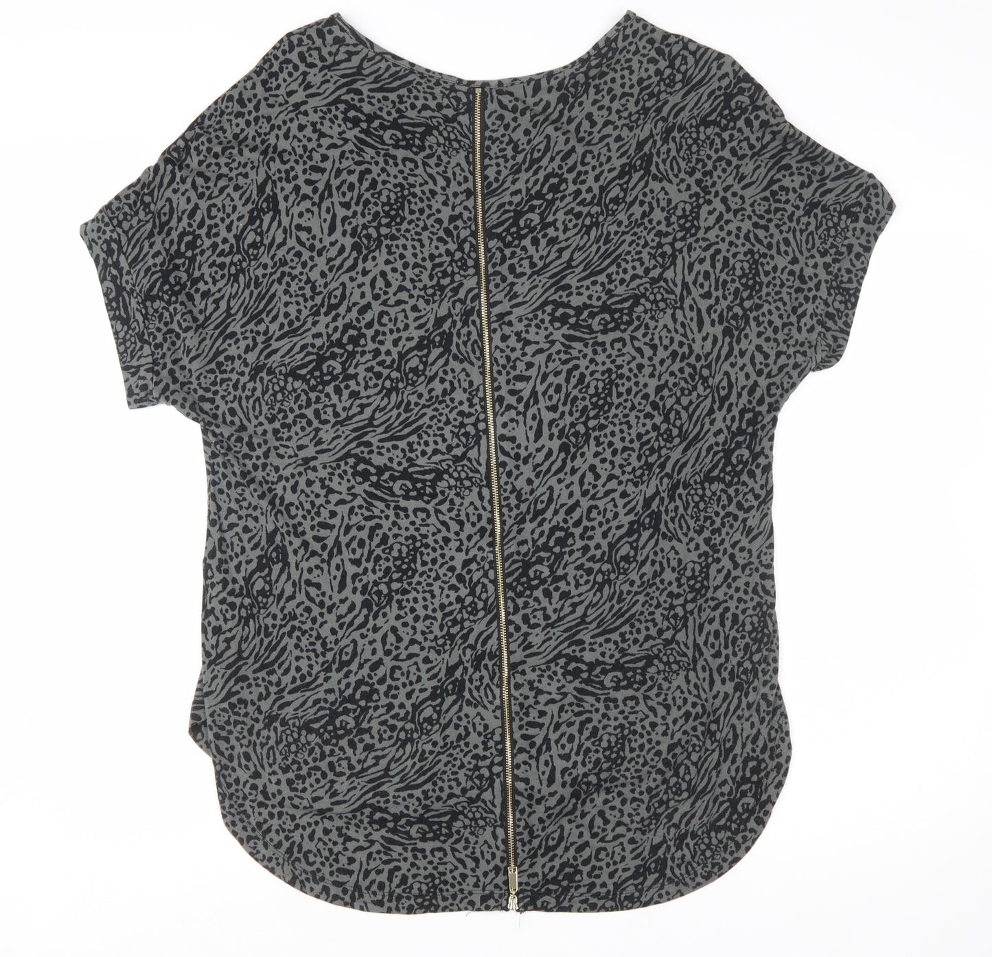 Apricot Women's Grey Animal Print Short Sleeve Zip Back Top Size 14