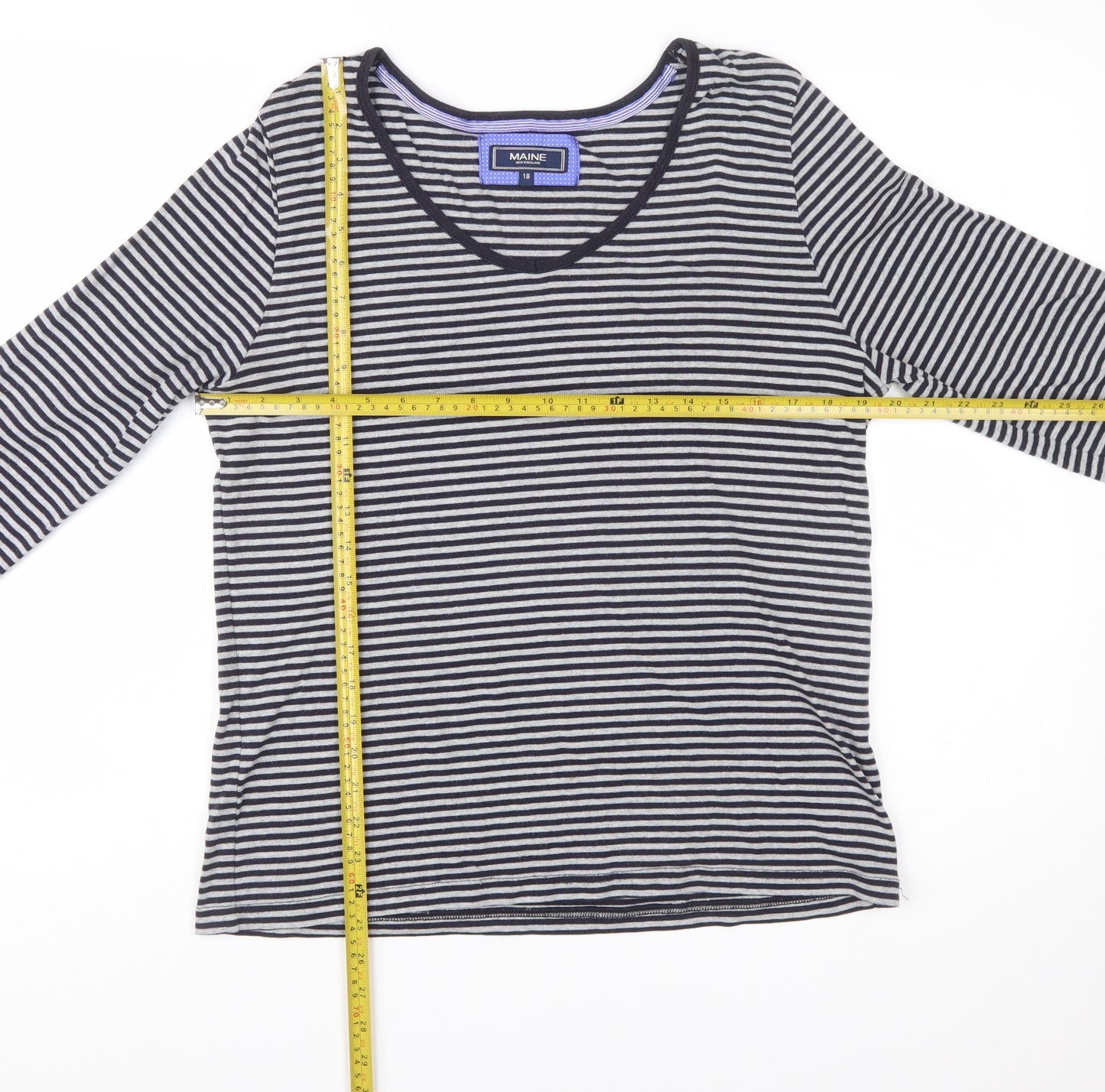 Maine New England Women's Blue Striped Cotton 3/4 Sleeve V-Neck Top Size 18