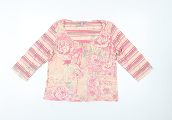 Marks and Spencer Per Una Womens Pink Floral Striped T-Shirt Size 16