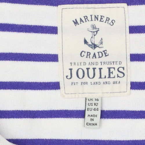 Joules Womens White Purple Striped Boat Neck 3/4 Sleeve Cotton T-Shirt UK 16