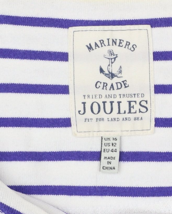 Joules Womens White Purple Striped Boat Neck 3/4 Sleeve Cotton T-Shirt UK 16