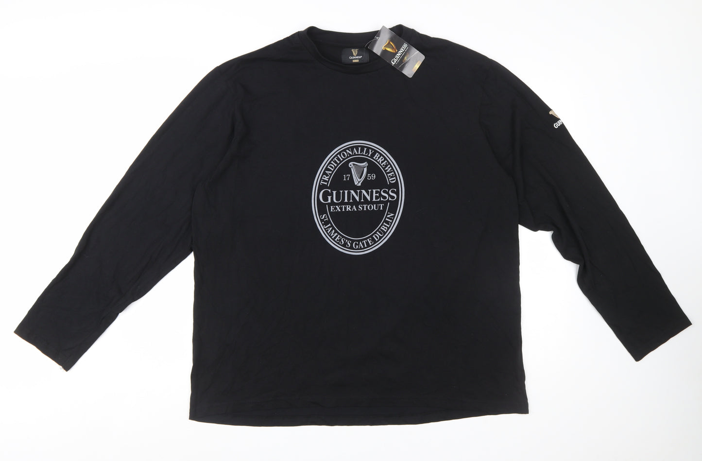 Guinness Men's Black Long Sleeve Cotton T-Shirt XL-2XL Beer Logo