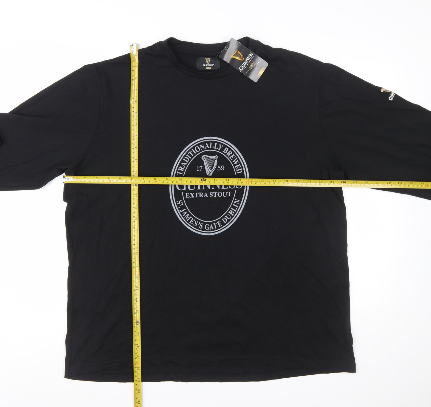 Guinness Men's Black Long Sleeve Cotton T-Shirt XL-2XL Beer Logo
