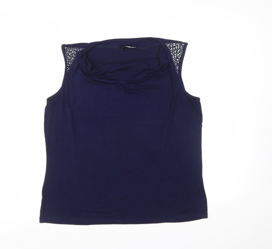 Klass Women's Blue Beaded Cowl Neck Sleeveless Camisole Top Size L