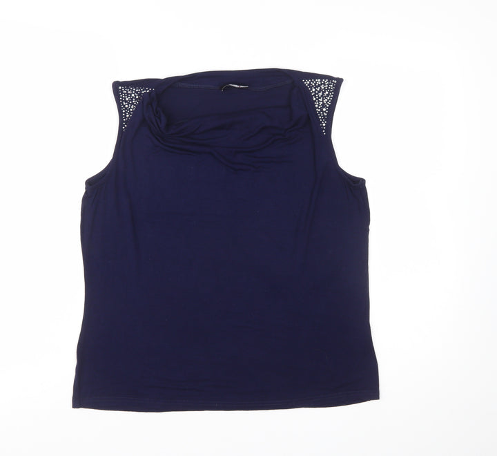 Klass Women's Blue Beaded Cowl Neck Sleeveless Camisole Top Size L