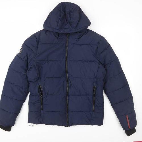 Superdry Men's Blue Hooded Puffer Jacket Size M Winter Zip Coat