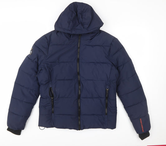 Superdry Men's Blue Hooded Puffer Jacket Size M Winter Zip Coat