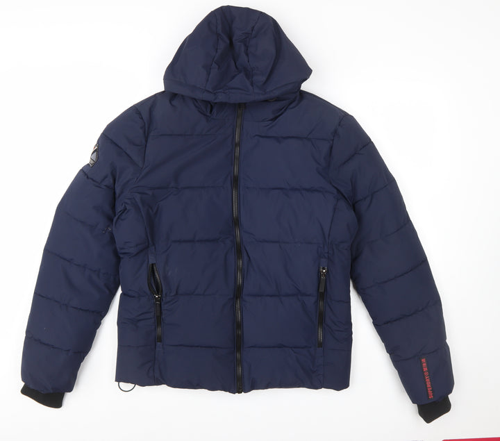 Superdry Men's Blue Hooded Puffer Jacket Size M Winter Zip Coat