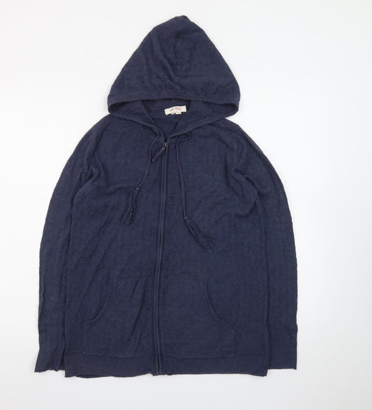 Fat Face Women's Blue Hooded Full Zip Cotton Wool Knit Jumper Size 12