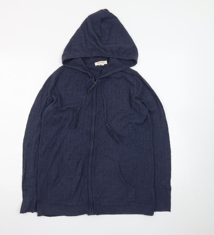 Fat Face Women's Blue Hooded Full Zip Cotton Wool Knit Jumper Size 12