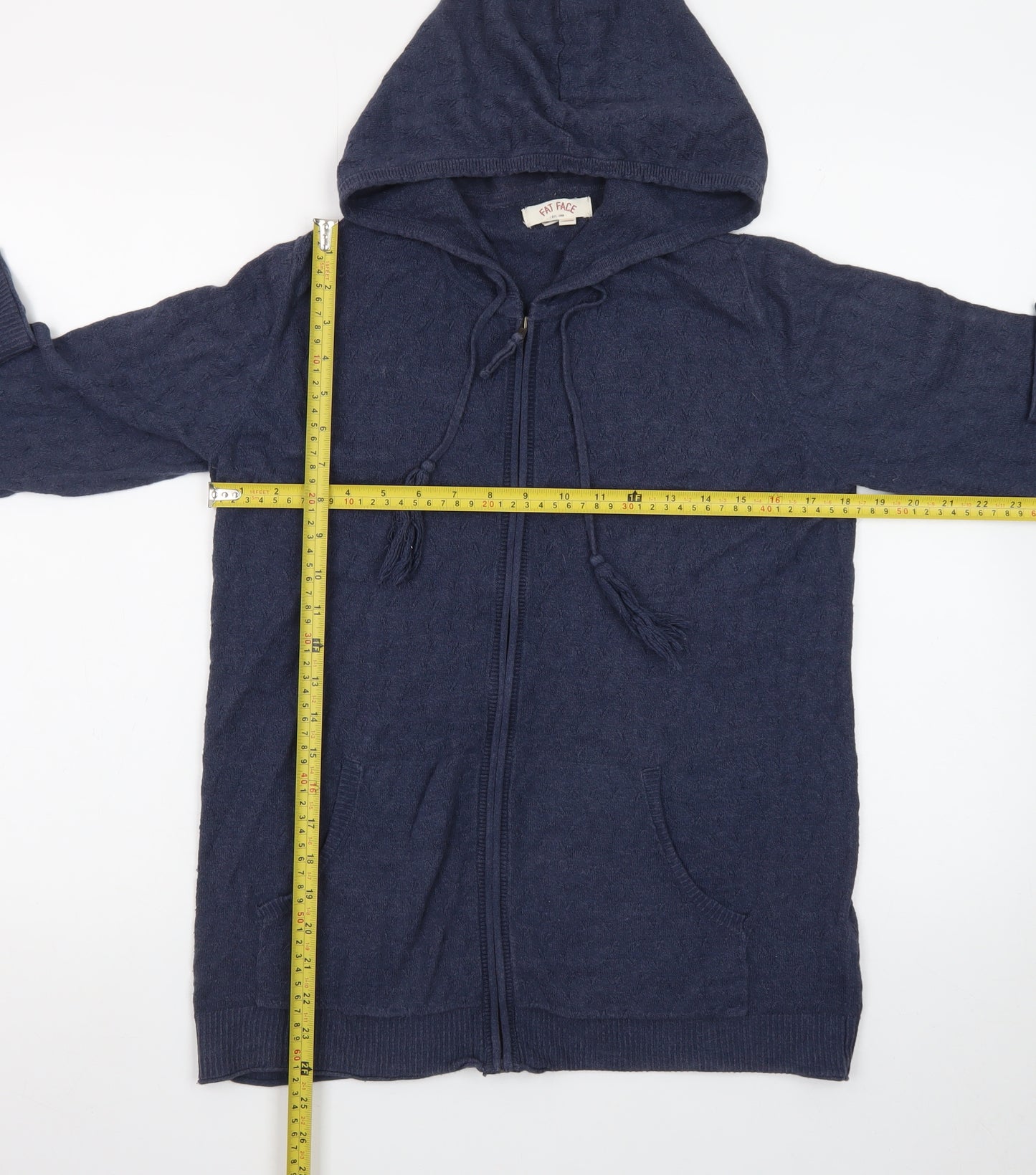 Fat Face Women's Blue Hooded Full Zip Cotton Wool Knit Jumper Size 12