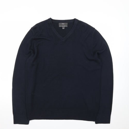 Marks and Spencer Men's Blue V-Neck Acrylic Jumper Size L