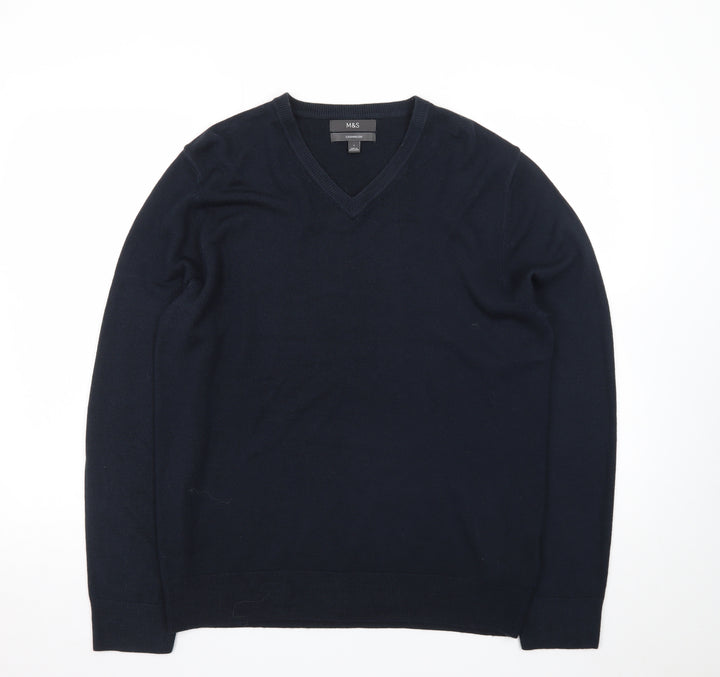 Marks and Spencer Men's Blue V-Neck Acrylic Jumper Size L