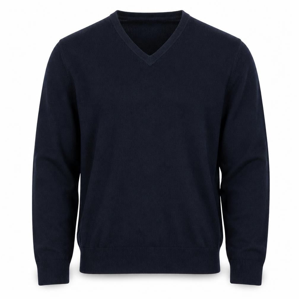 Front view of Marks & Spencer Men's Blue V-Neck Acrylic Jumper, size L