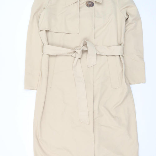 Mango Women’s Beige Cotton Long Trench Coat Size 10 Belted Classic