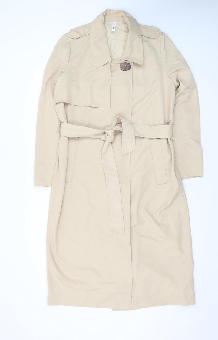 Mango Women’s Beige Cotton Long Trench Coat Size 10 Belted Classic