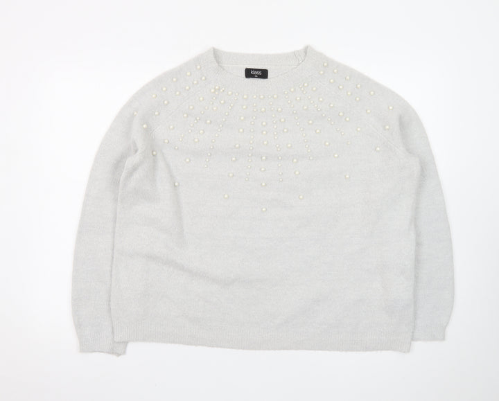 Klass Women’s Grey Beaded Crew Neck Pullover Jumper Size 2XL