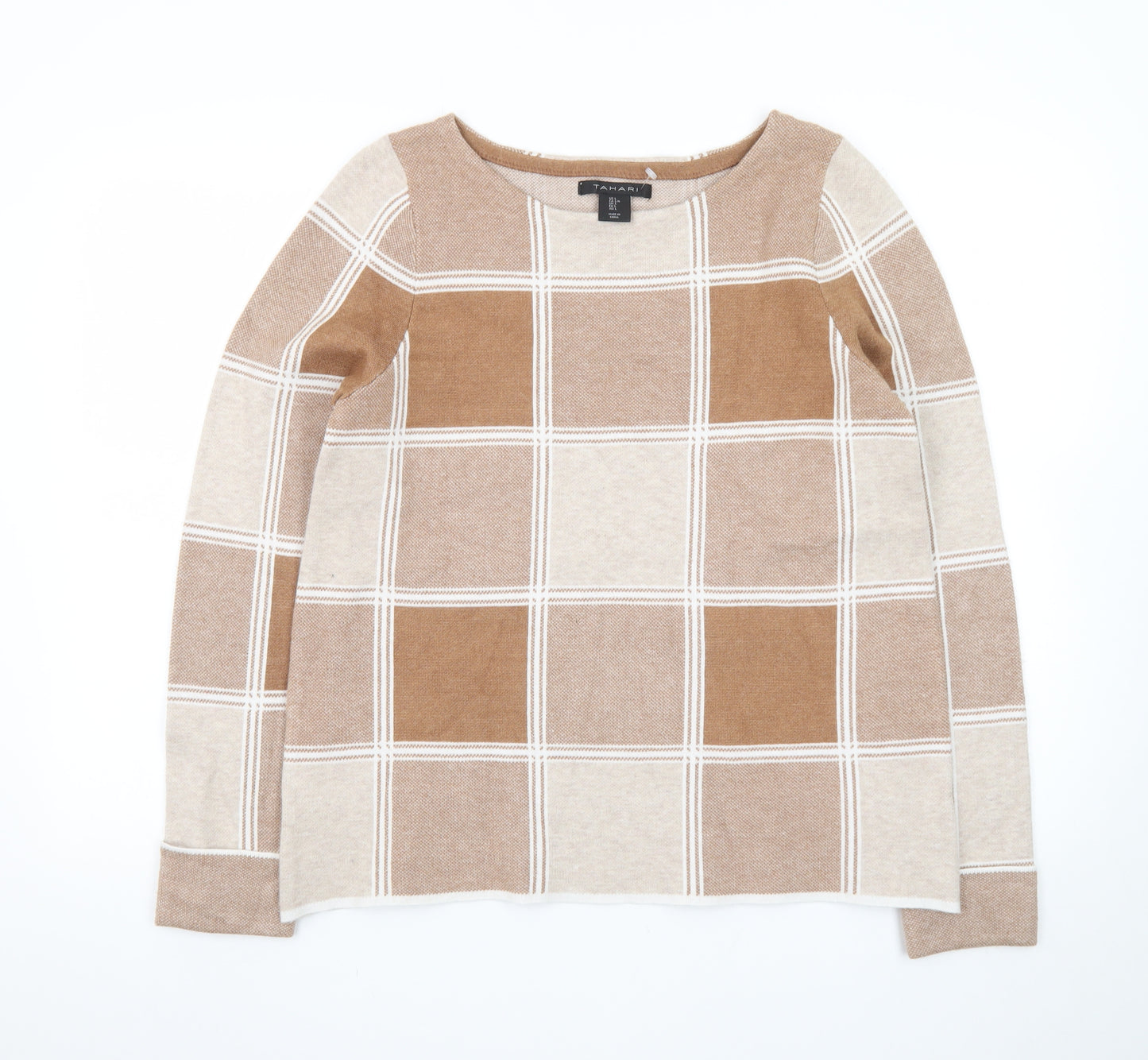 Tahari Women Beige Check Knit Pullover Jumper UK L