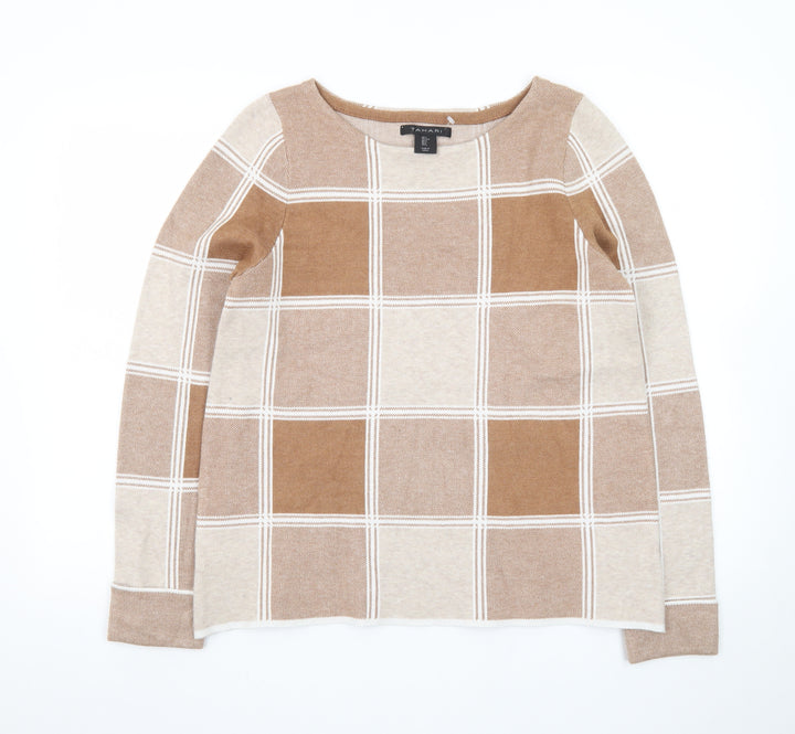 Tahari Women Beige Check Knit Pullover Jumper UK L
