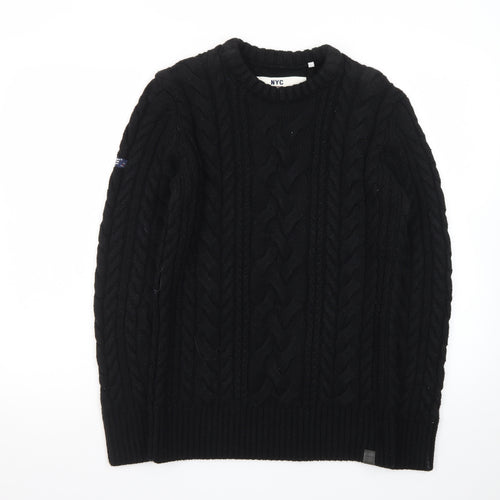 Superdry Men Black Cable-Knit Crew Neck Pullover Jumper M