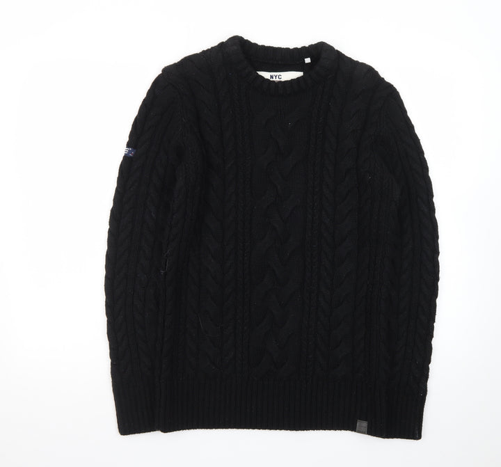 Superdry Men Black Cable-Knit Crew Neck Pullover Jumper M