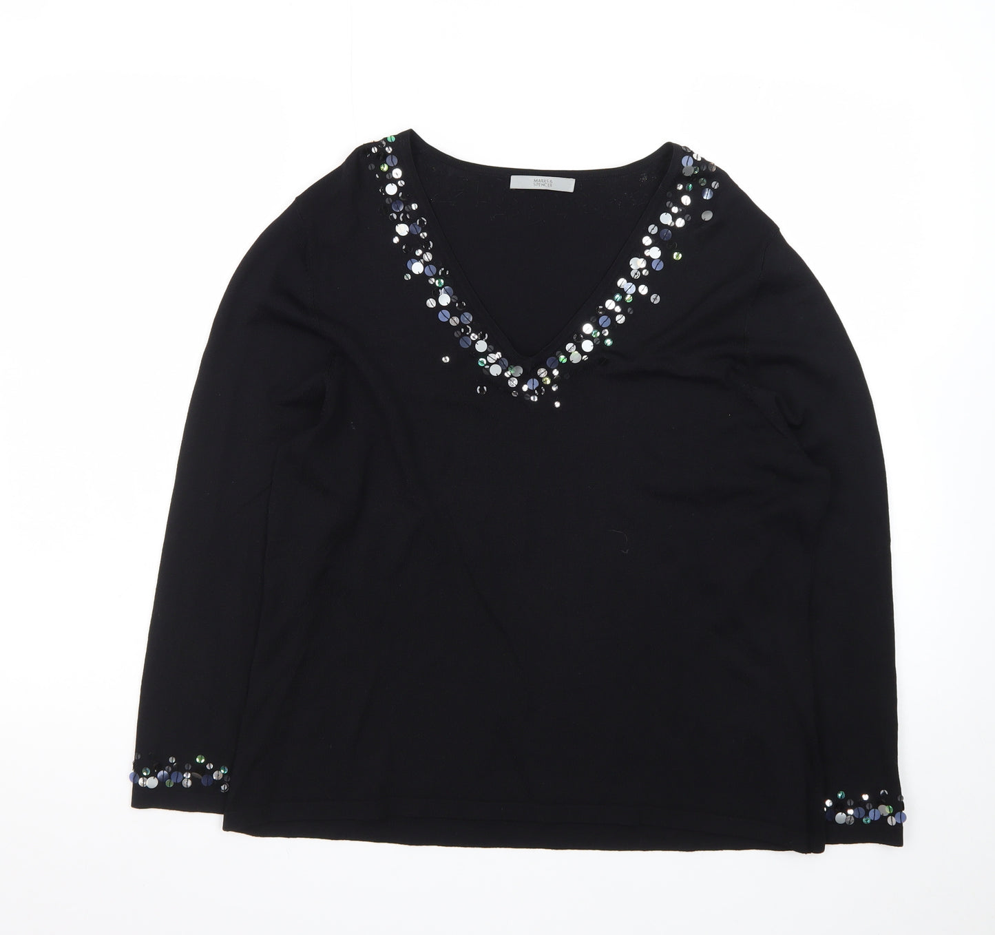 Marks and Spencer Women Black Sequin V-Neck Pullover Jumper Size 20