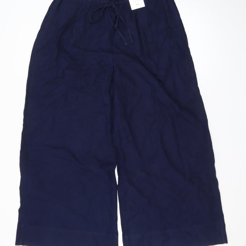 Marks and Spencer Womens Blue Linen Blend Wide Leg Cropped Trousers Size 14